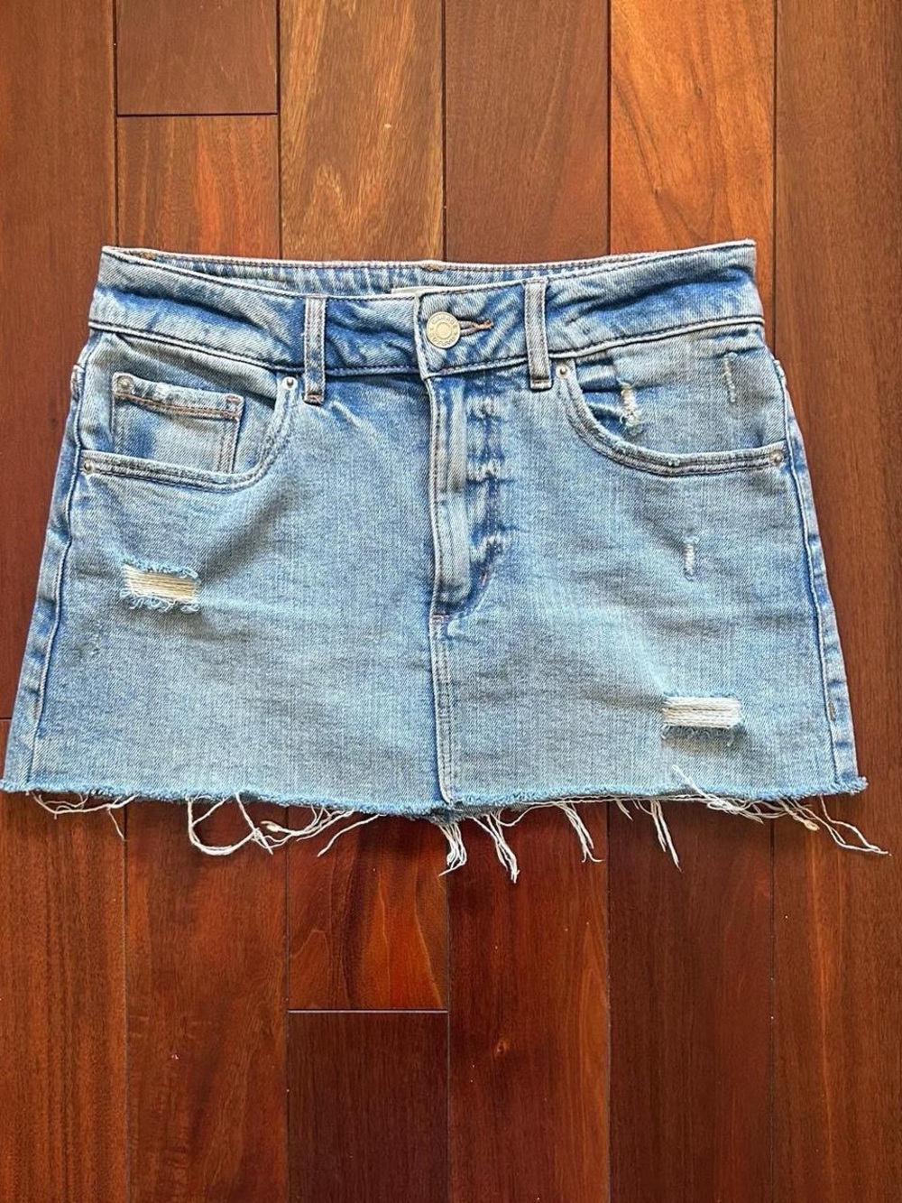 Garage Distressed Denim Mini Skirt (Size XS)
